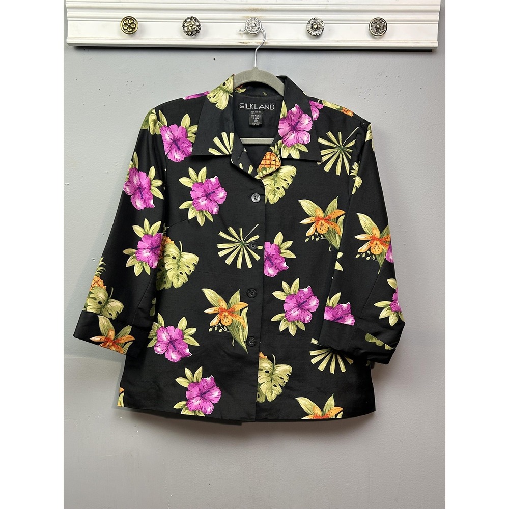 Silkland Shirt Womens Size 10 Black Floral Silk Hawaiian Top Blouse Tropical